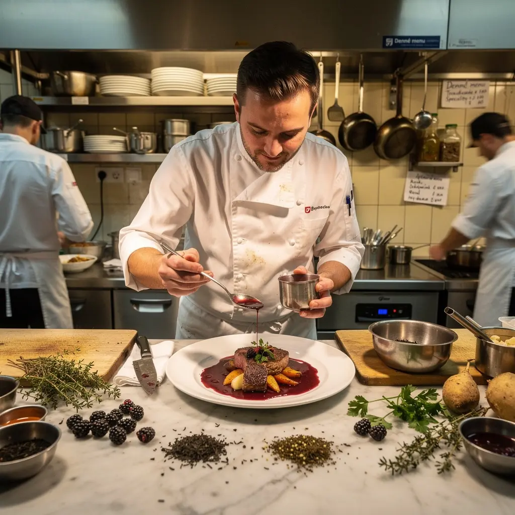 Zmes čajových lístkov a bobúľ na drevenej doske, pripravené na varenie.