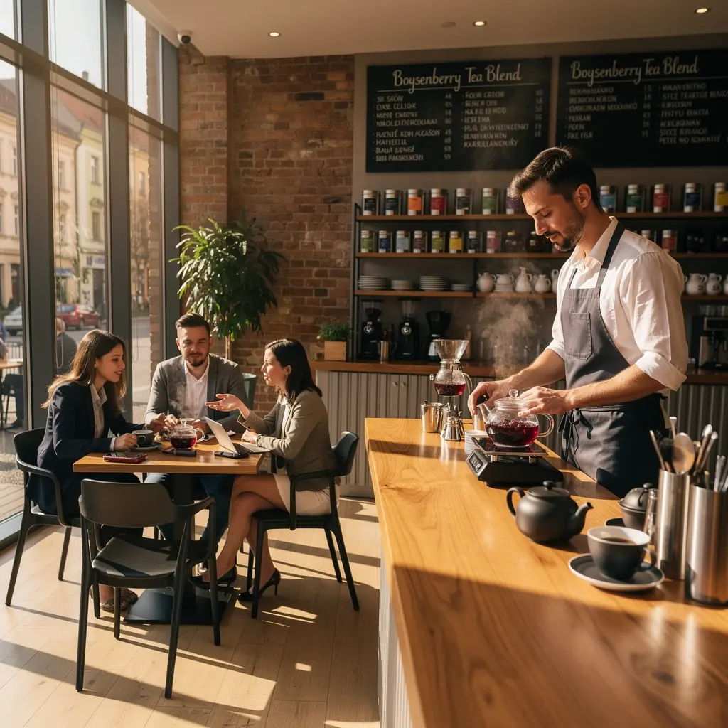 Sklenený pohár s čajom z boysenberry, doplnený čerstvými bobuľami a mätou.