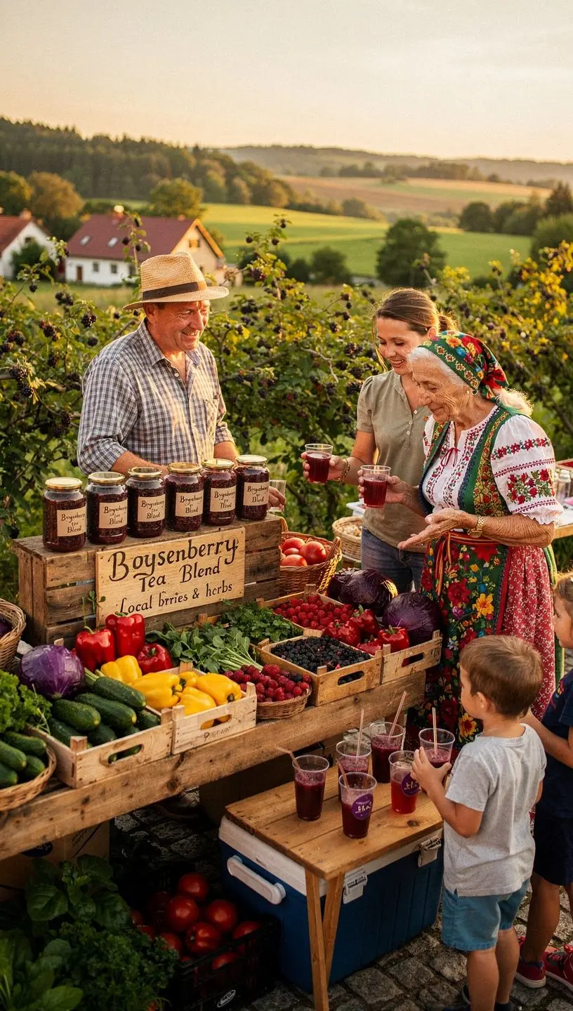 Pohár čaju s bobuľami boysenberry, osviežujúci a chutný nápoj pre každého.
